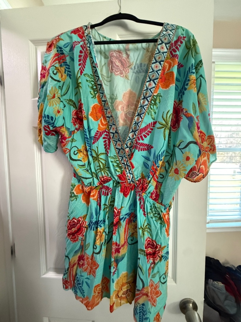 Turquoise Floral V-Neck Romper with Bright Multicolor Blooms